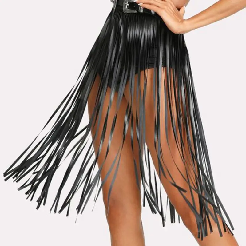 Womens High Waist Faux Leather Tassels Skirt Body Harness Punk Party Clubwear Charm Center Confident dance 2