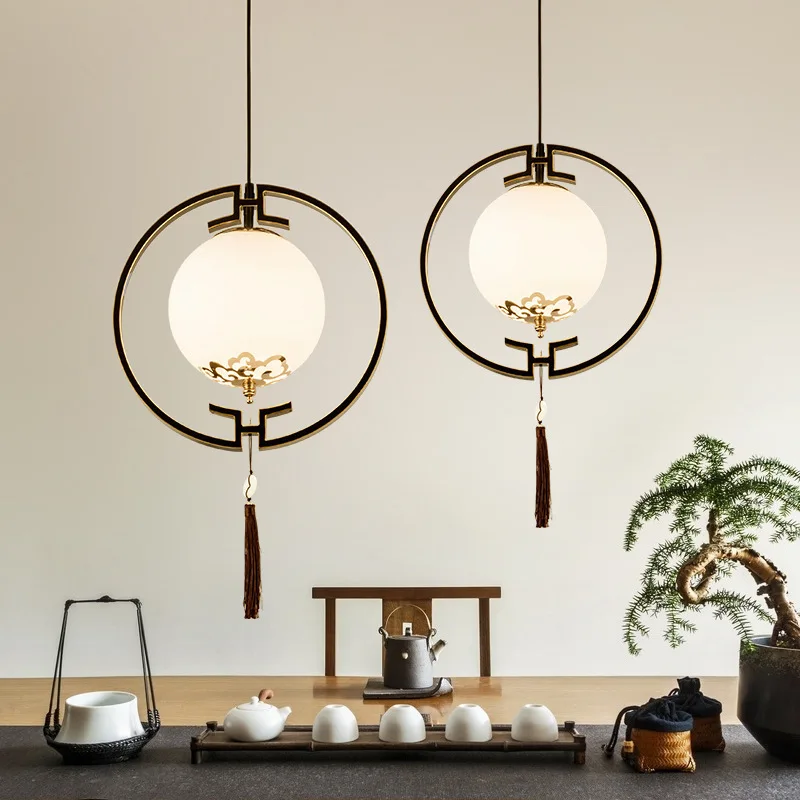 

New Chinese E27 Pendant Lights Vintage Gold Glass Decor Hanging Lamp Pendant Lamp of Living Room Teahouse LED Pedndant Lamps