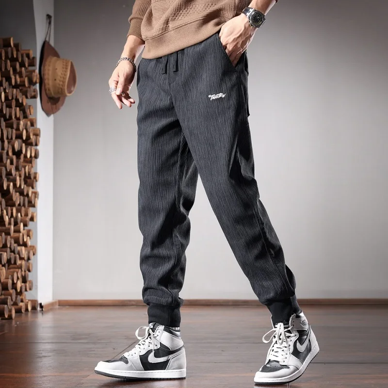 Autumn Black Stripe Pants Men Streetwear Casual Baggy Harem Pants Embroidery Sports Elastic Waist Drawstring Jogging Trousers