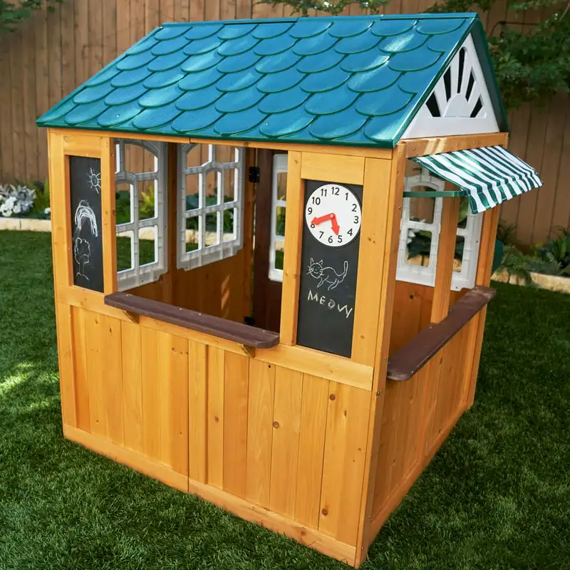 Outdoor Wooden Playhouse with Ringing Doorbell, Mailbox & Chalkboard