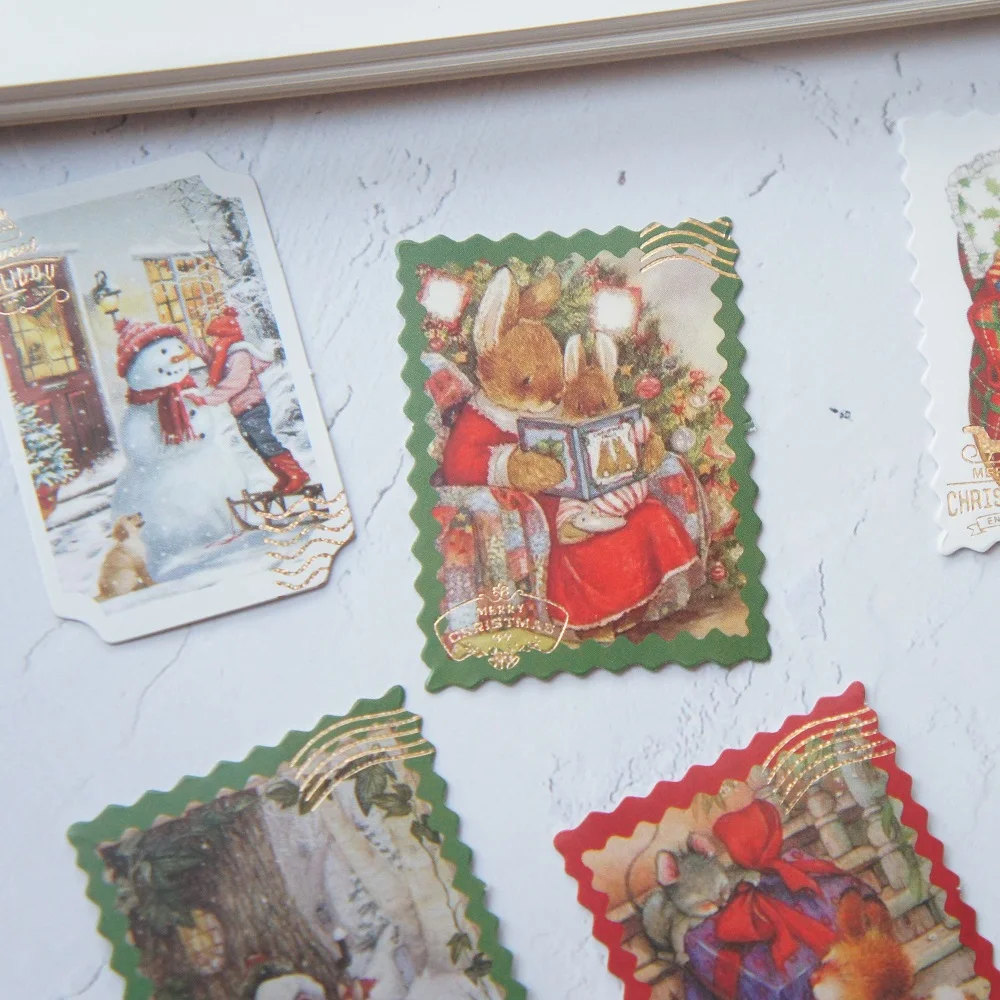 Gold Christmas Santa Rabbit Snowman Stamp Window Shape Style Paper Sticker Scrapbooking DIY Gift Decoration Tag 38pcs handbook stickers