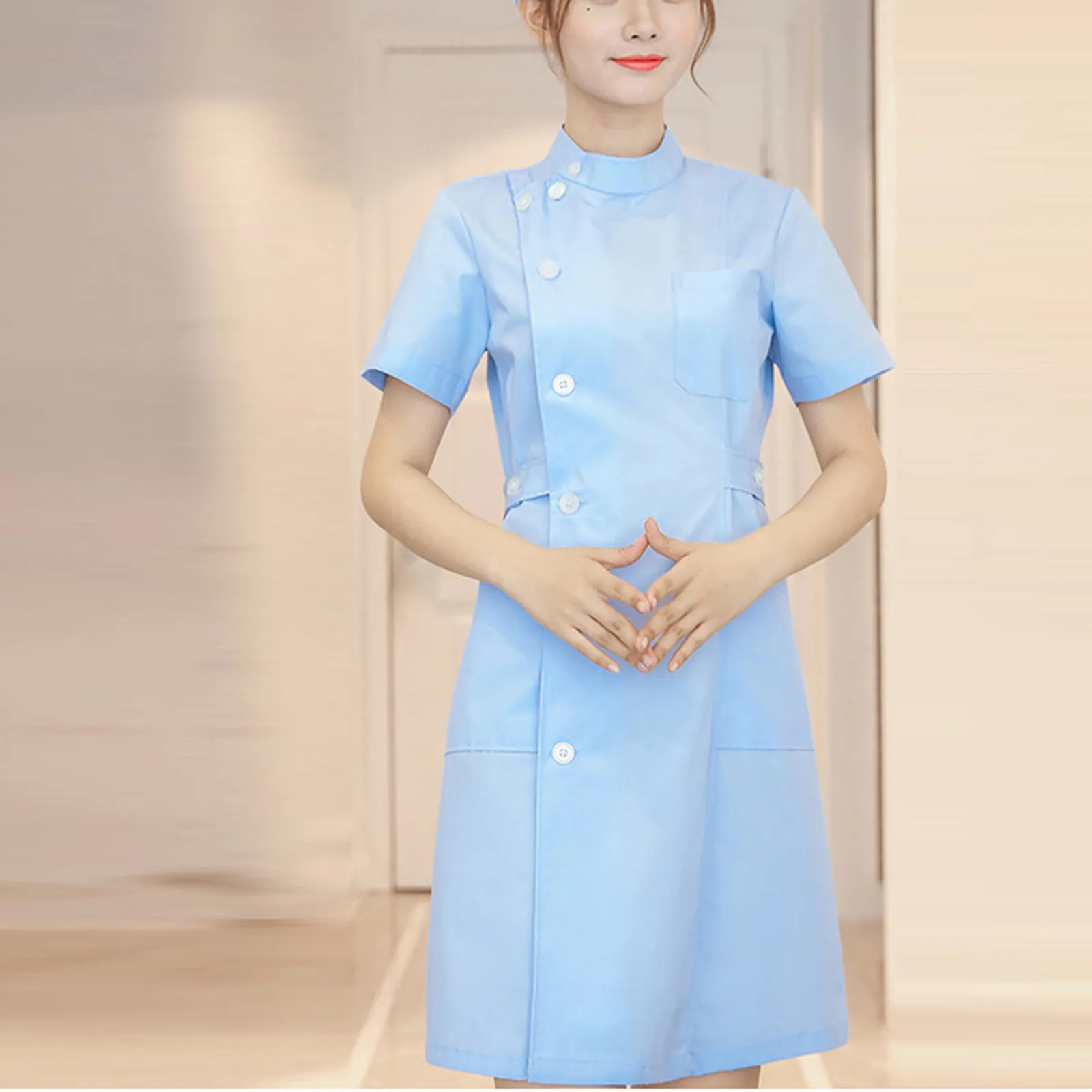 Women Nurse Dress Working Uniform Workwear Healthcare Gown Solid Color Short Sleeve Scrub Dresses Uniformes White Blue Pink