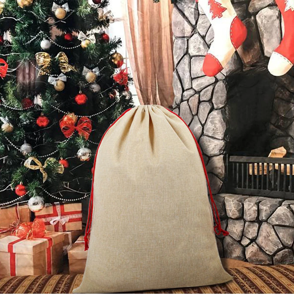 Faux Burlap Christmas Santa Sack Linene Classic Style Rope Drawstring Personalized Blank Gift Bag Oversized Xmas Gift For Her