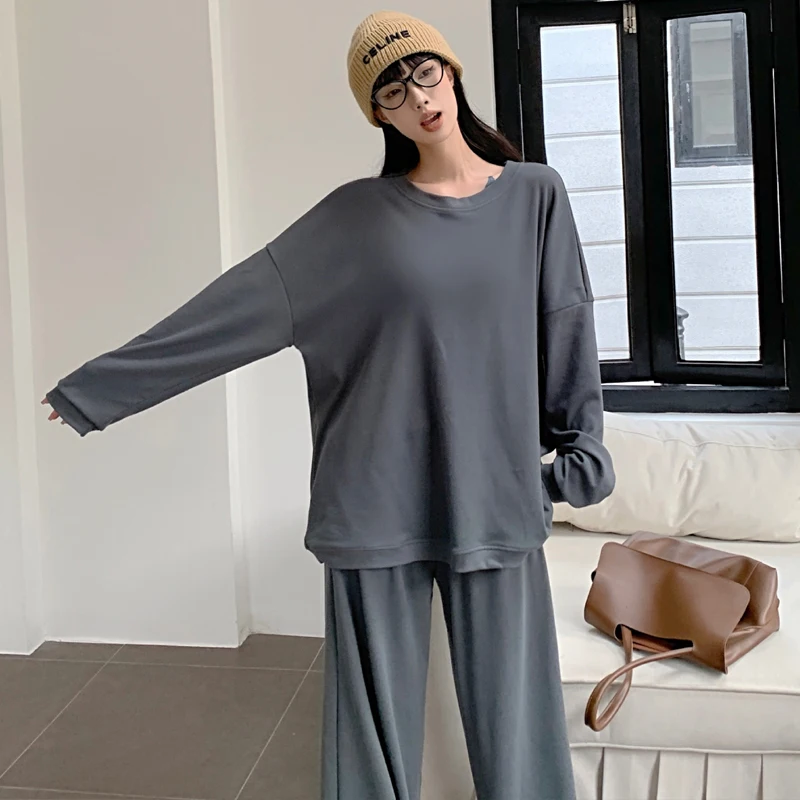 Autumn and Winter New Casual Loose Fit Large German Velvet Solid Color Set Pajamas Women's Simple Pullover Sports Home Fur