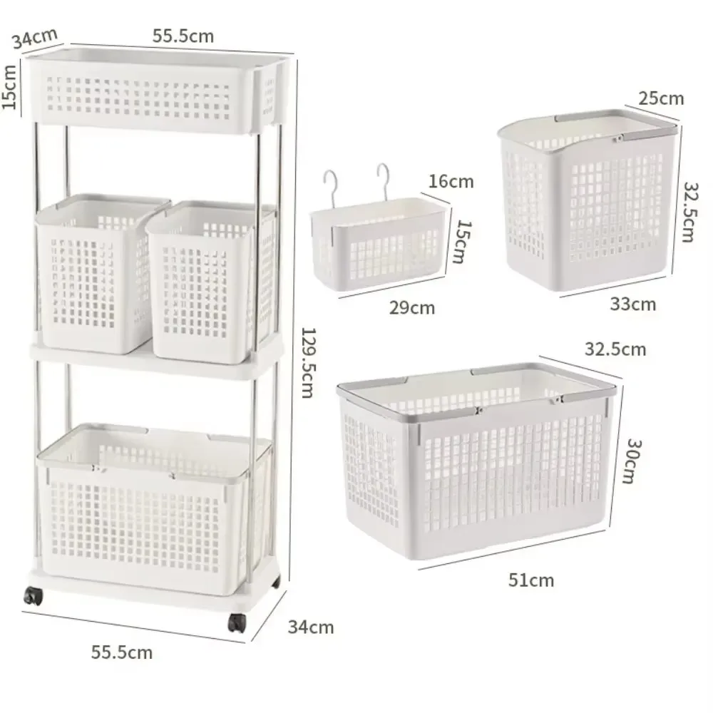 Bathroom Storage Trolley Multifunctional Layer Rolling Cart Washing Shelf Dirty Clothes Basket Laundry Storage Trolley