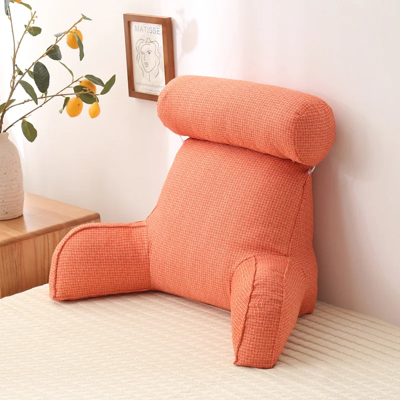 Linen Reading Pillow with Armrests and Round Pillow Pearl Cotton Inner Core Detachable Multifunctional Big Waist Pillow 