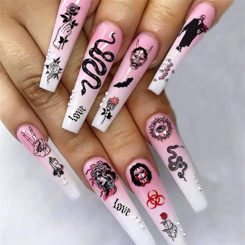 TSC-030 TSC-122 F-888 광대 조커 해골 해골 테러 3D 백 접착제 네일 스티커 네일 장식 네일 아트 네일 장식품