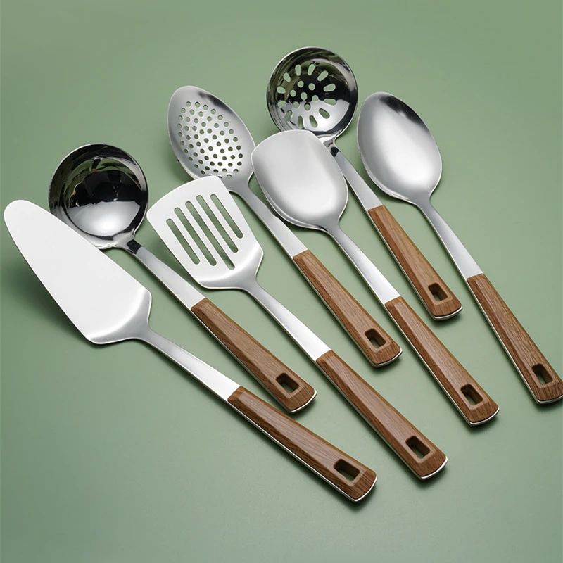 Kitchen Utensils Stainless Steel Cooking Tool Set Wooden Handle Spatula Soup Spoon Restaurant Frying Sharp Shovel Colander Kitchen Utensils