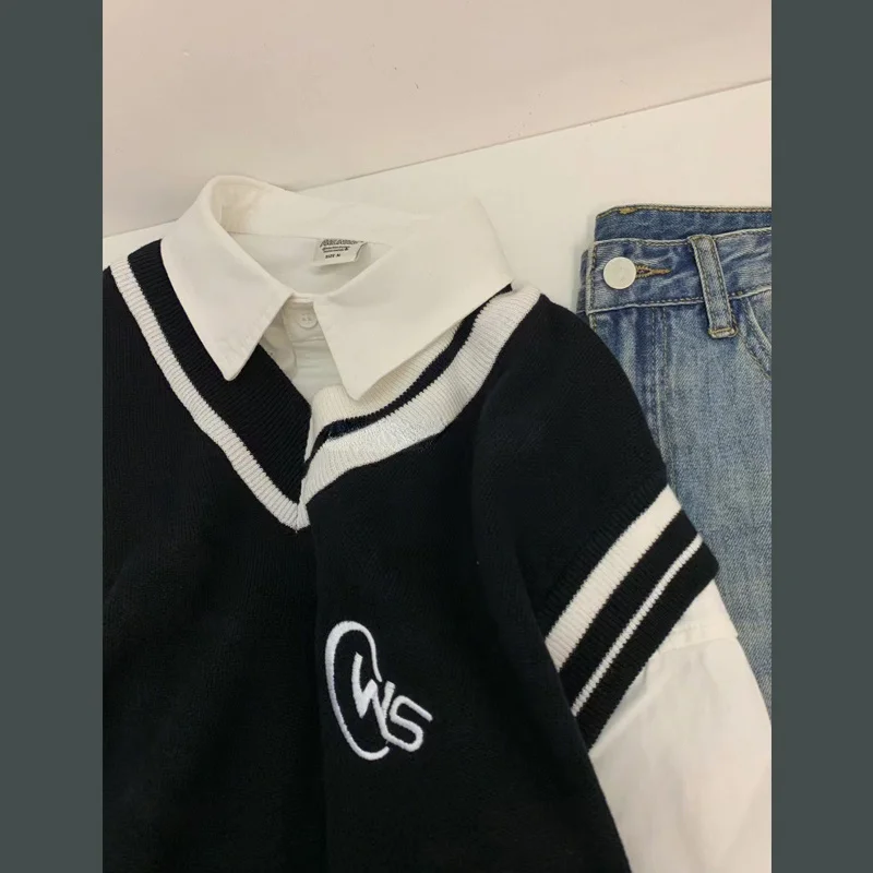 봄 착용 전체 세트 프레피 느슨한 서양식 v 넥 스웨터 여성 조끼 셔츠 청바지 세 조각 세트
