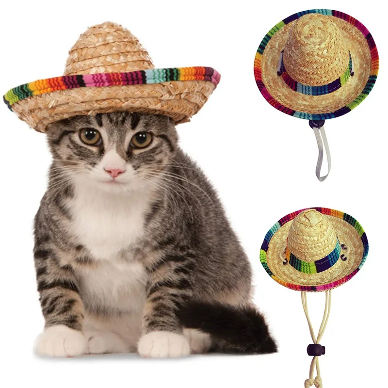 

Соломенные шляпы ручной работы для домашних животных, шляпа от солнца для собак с регулируемым ремешком для подбородка, трикотажные аксессуары для кошек, мексиканский стиль, костюм для домашних животных