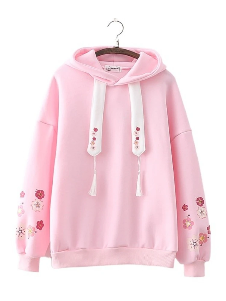 

Floral Print Fleece Warm Women Hoodies Casual Hooded Sweatshirt 2023 Winter Korean Style Ladies Drawstring Daily Tops
