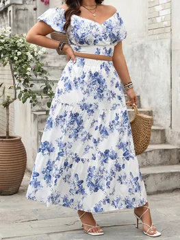 Elegant Plus Size Outfit Floral Print V-Neck Top with Short Sleeves and Elastic Waist Long Skirt - 2 Piece Set for Women 4