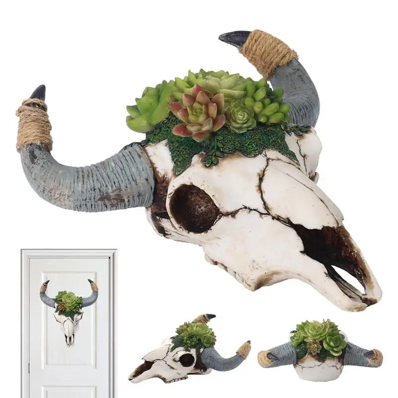

Cow Skull Western Halloween Cow Skull Decor Animal Head Wall Decor Resin Bull Cow Skull Head Wall Decoration With Succulent