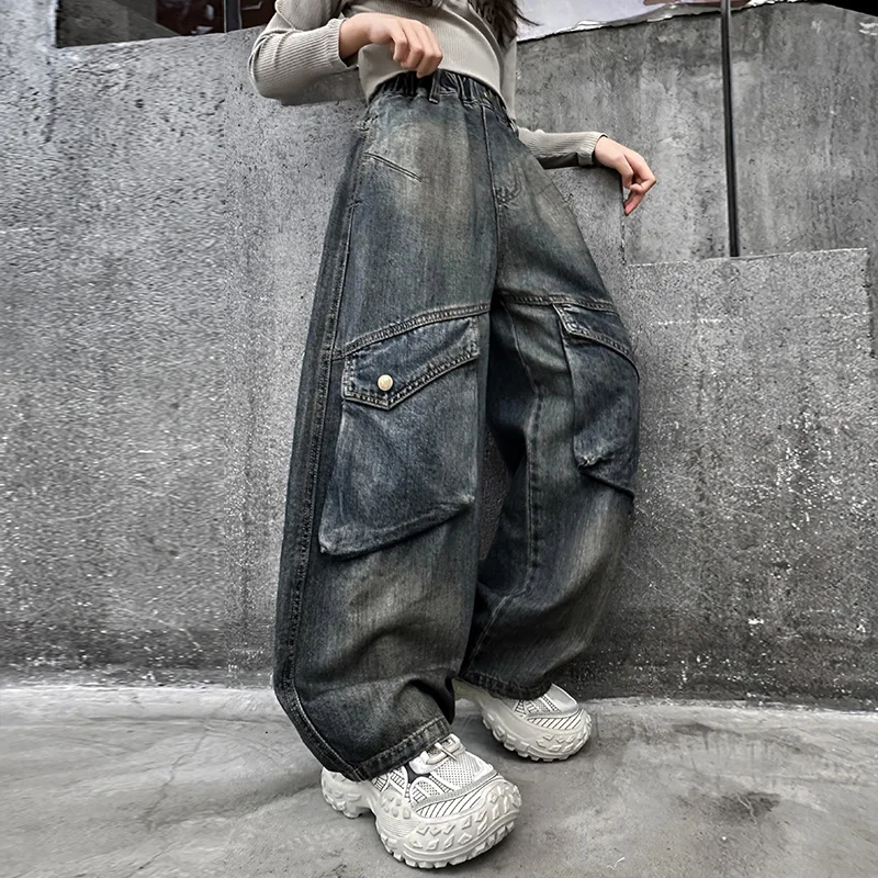 Kids Designer Vintage Gray Jeans For Girl Streetwear y2k Baggy