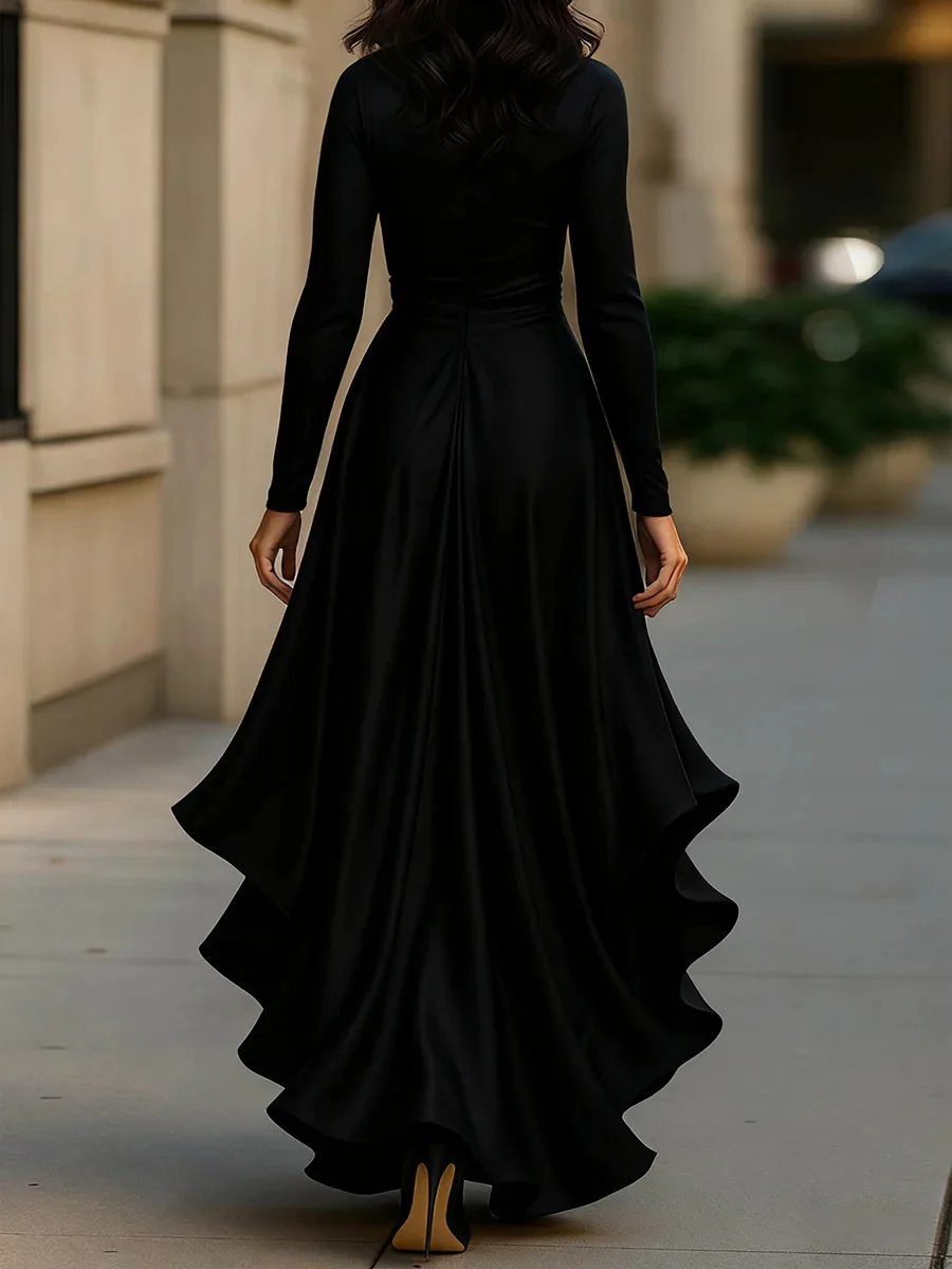Sexy V Neck Long Sleeve Slash Ribbon Ruffle Trumpet Party Long Dress Spring Autumn Ruffle Irregular Vestidos SZE-5580