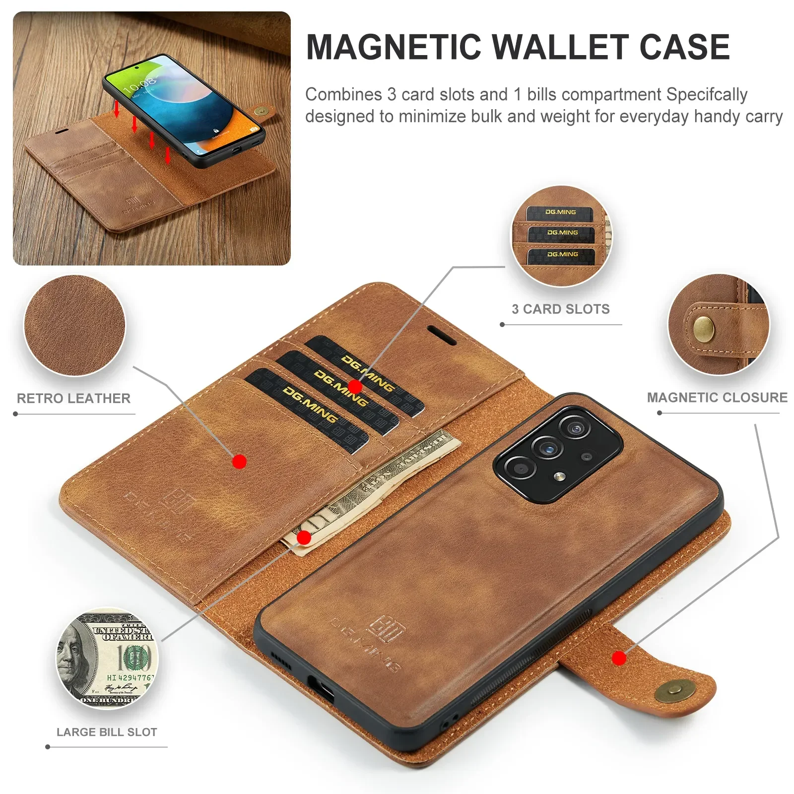 Detachable Magnetic Leather Cover for Samsung Galaxy S24 S21 FE S23 S22 Plus Note 20 Ultra A53 5G Wallet Card Holder Phone Case