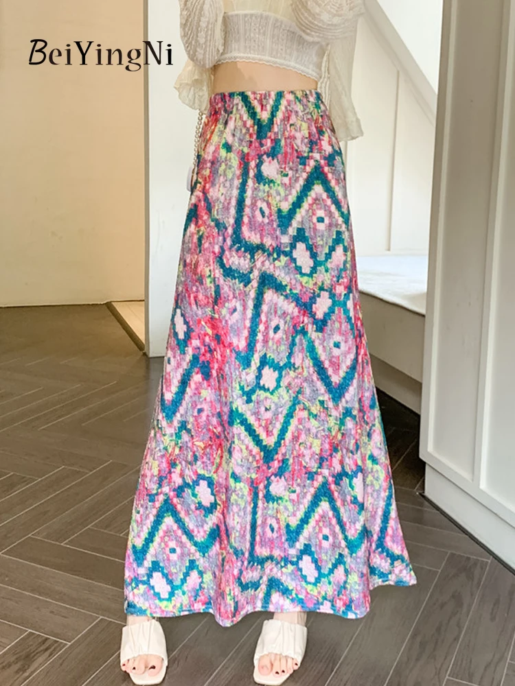 

Beiyingni Casual Vintage Maxi Skirts Women Jacquard Slim Fit High Waisted Long A-line Skirt Ladies Beach Boho Holiday Faldas