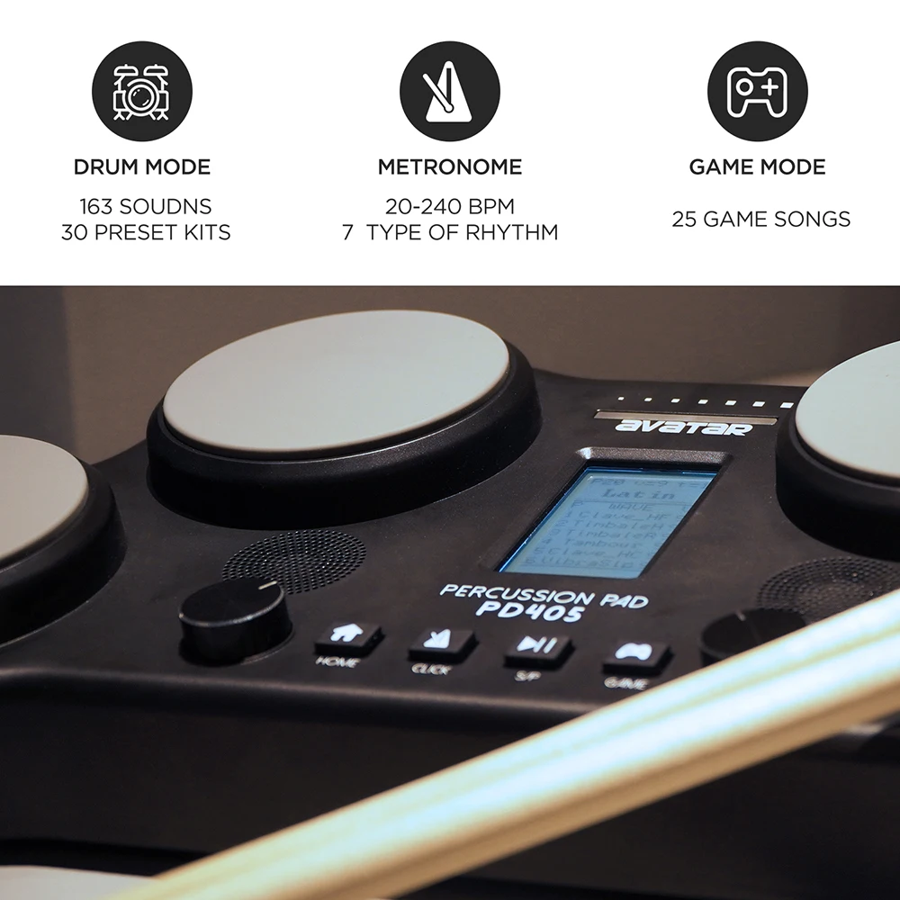 PD405 Percussion Pad With Educational Games, Vivid Sounds, Include 2 Pedals and Drum Sticks, Black