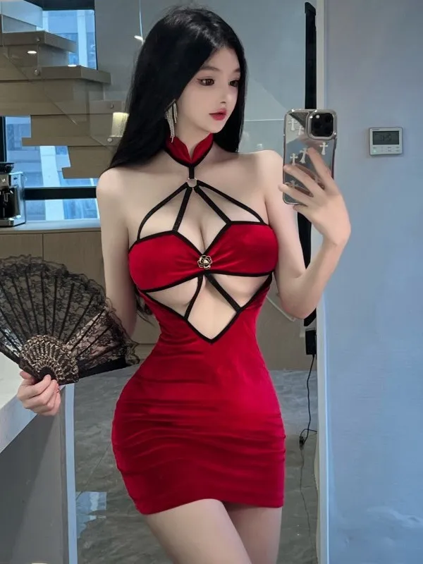 

Красное сексуальное бархатное Короткое облегающее платье для ночного клуба с острым девичьим вырезом и открытой грудью, элегантные модные милые топы S232