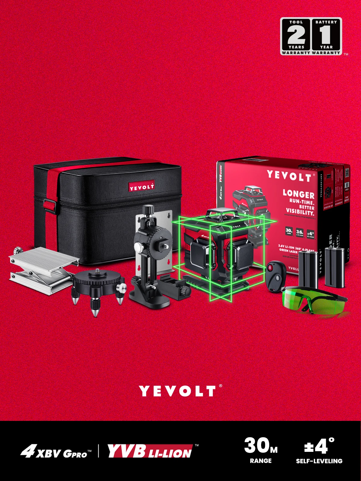 YEVOLT YVGLL4XS16B2DP 4-Plane Green Beam Laser Level Kit 4D 16 Lines Self-Leveling All Day Work Magnetic Bracket Measuring Tools