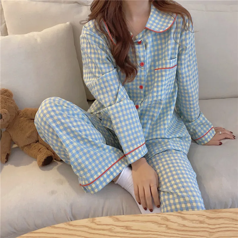 Women Long-Sleeved Pajamas Spring Autumn Summer Casual Thin Korean Ins-Style Student Plaid Doll Collar Loungewear
