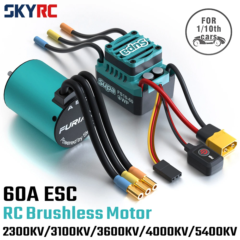 Moteur brushless 3650 3100KV à 5400KV et ESC 60A posés sur fond blanc.