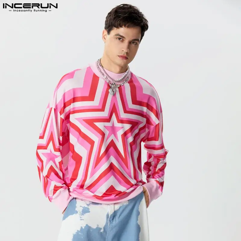 

INCERUN Tops 2023 American Style Fashion Men's Gradient Star Print Pullover Casual High Neck Pullover Long Sleeved Sweater S-5XL