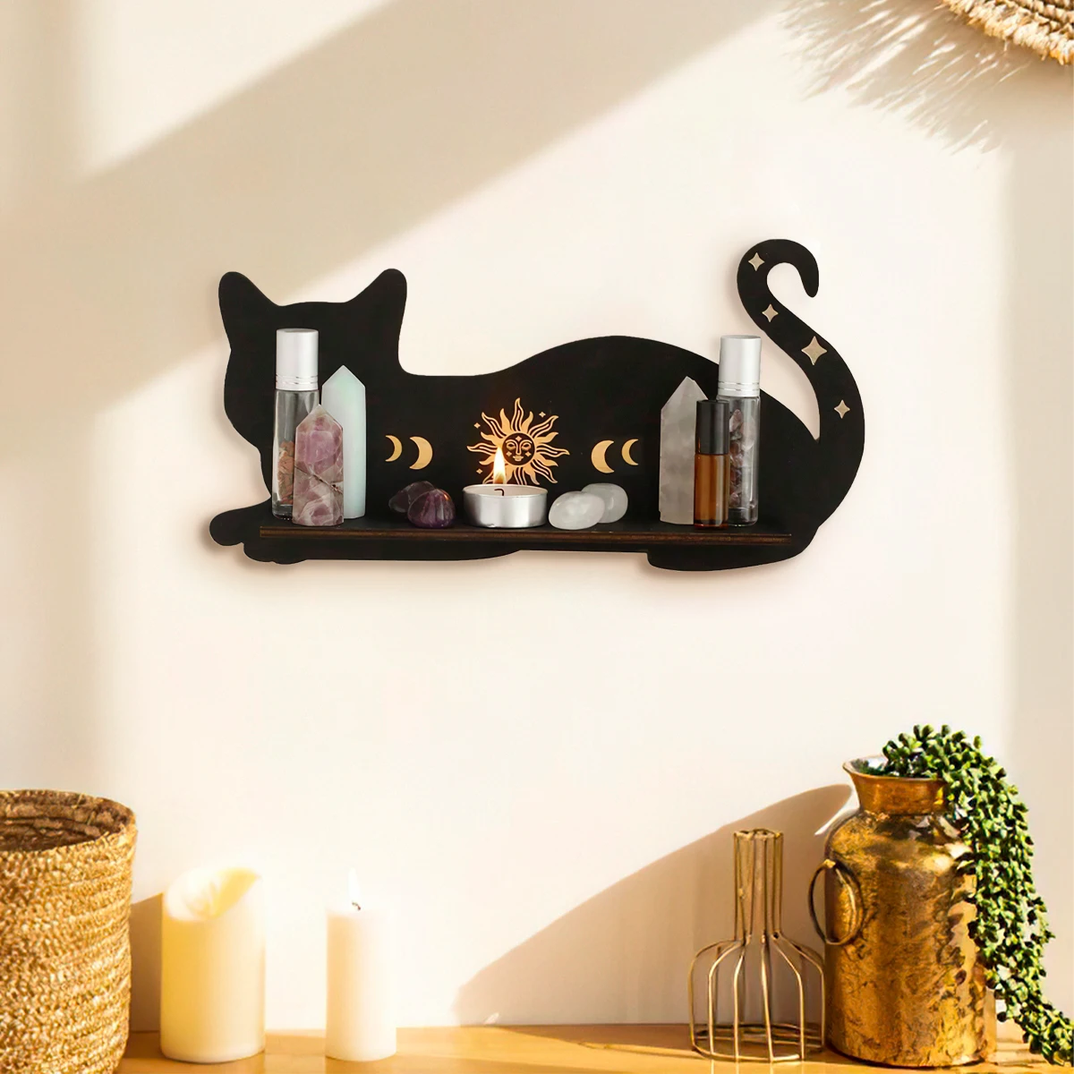 1PC, gold print embellished with black kitten-shaped wooden wall shelf, suitable for living room, bedroom, and party decoration
