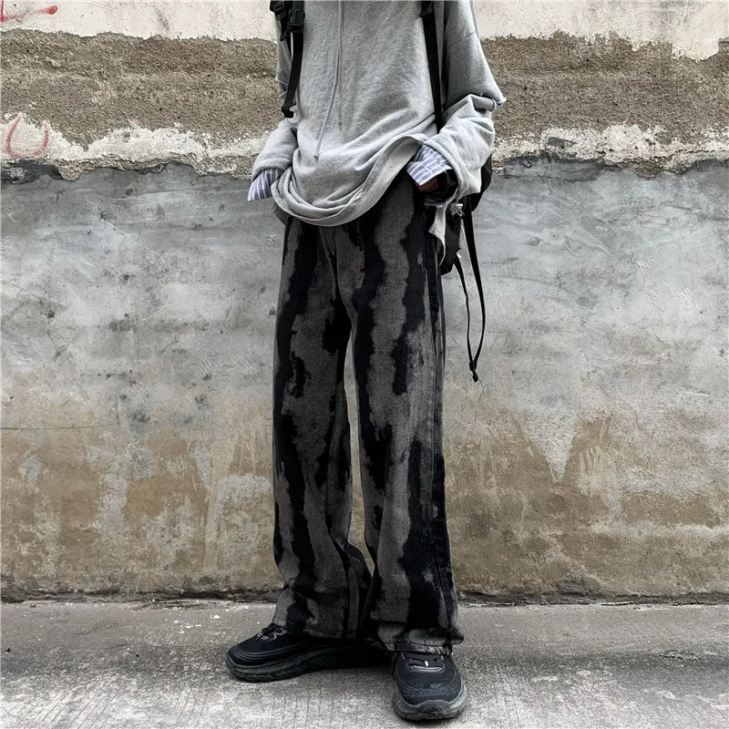 ICCLEK High Street Distressed Jeans Washed Tie-Dye Jeans Black Jeans Men's Loose Straight Retro Long Pants Men Jeans
