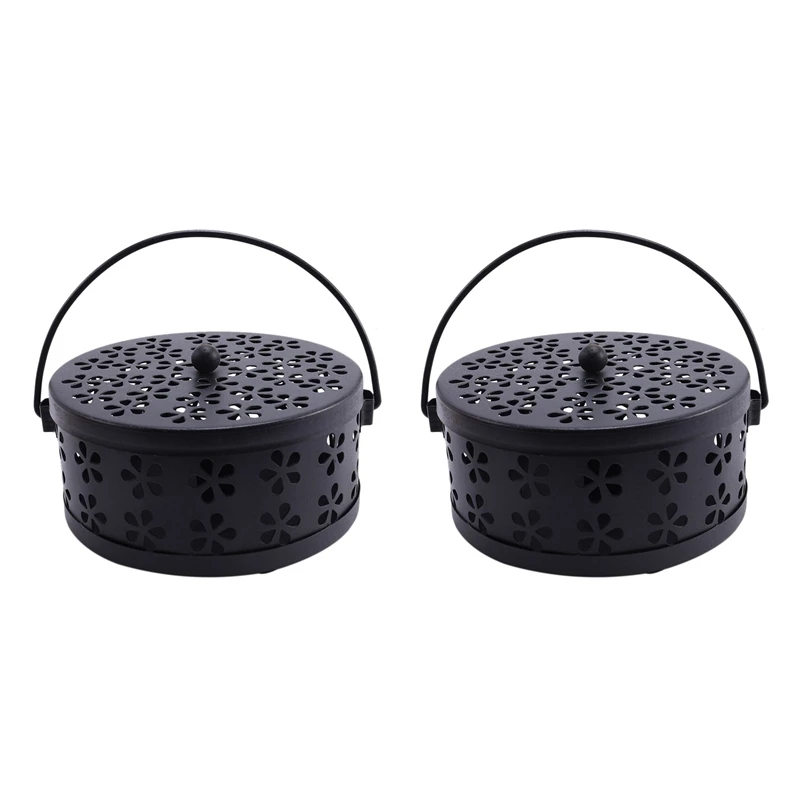 2X Nordic Retro Metal Hollow Floral Mosquito Coil Holder Garden Burner Mosquito Repellent Box(Black)