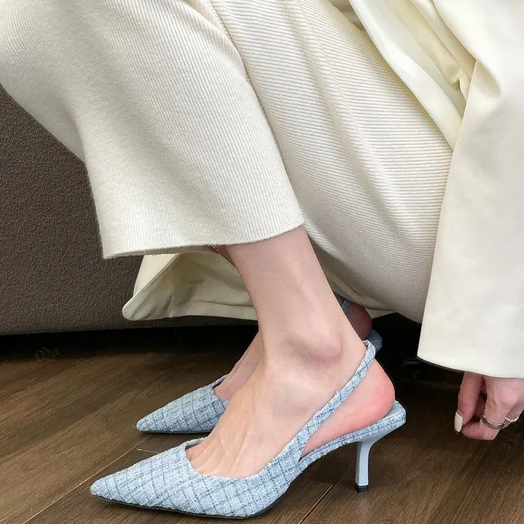 

Женские синие брендовые дизайнерские босоножки с острым носком и ремешком на пятке, туфли-лодочки на высоком каблуке, женская летняя обувь на тонком каблуке, 2023