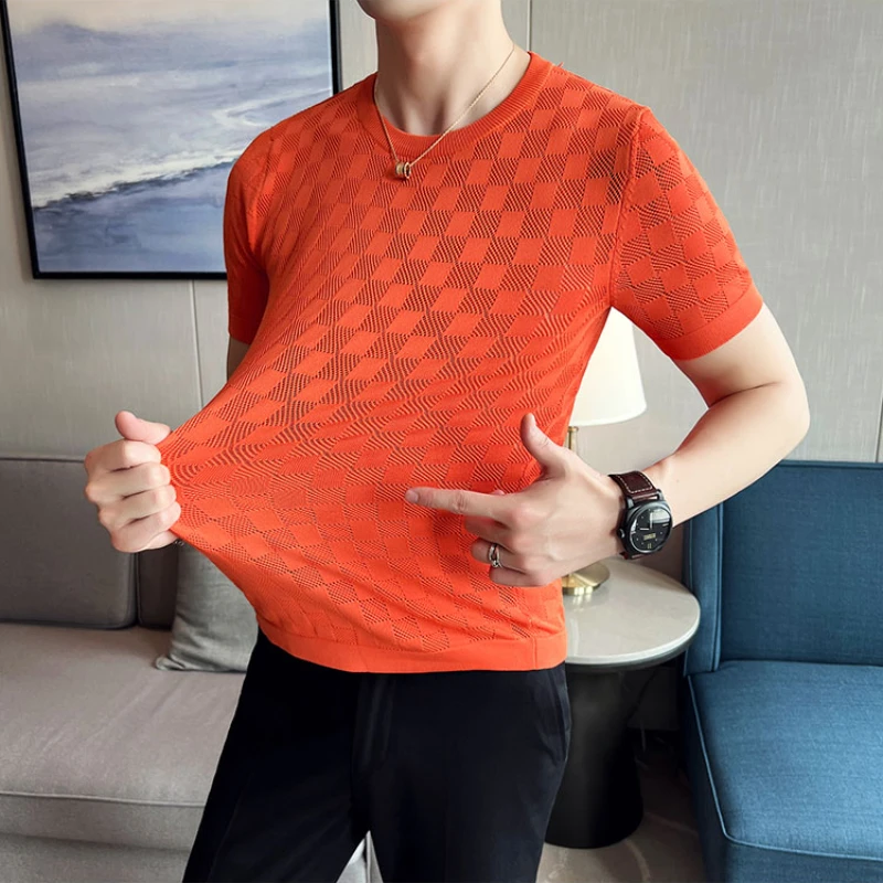 

Men's New Knitted Short-Sleeved T-shirt: Slim-Fit, Breathable, and Stretchy, Perfect for Live Broadcasts and Everyday Wear