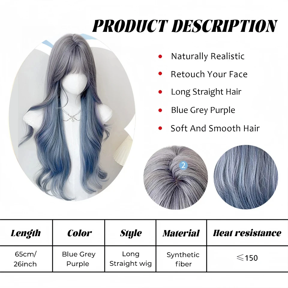 Blue Grey Synthetic Wigs for Women with Bangs