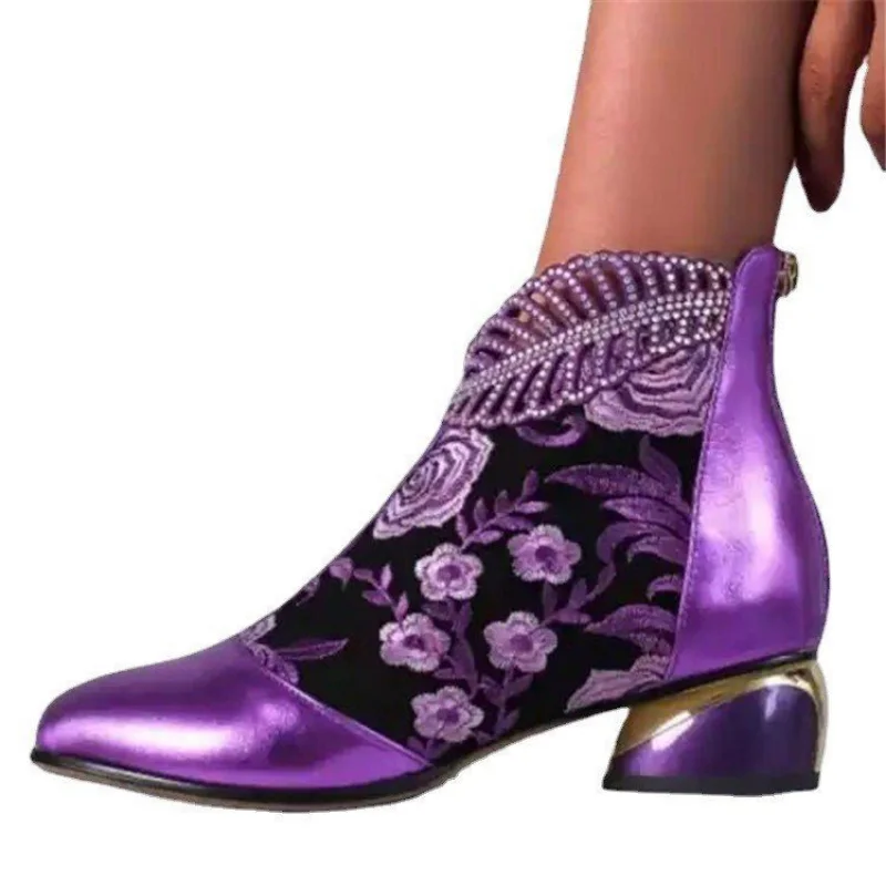 Women New Ethnic Style Embroidery Rhinestone Mid Calf Boots Autumn Winter Chunky Heels Booties Plus Size 36-43 Zapatos De Mujer