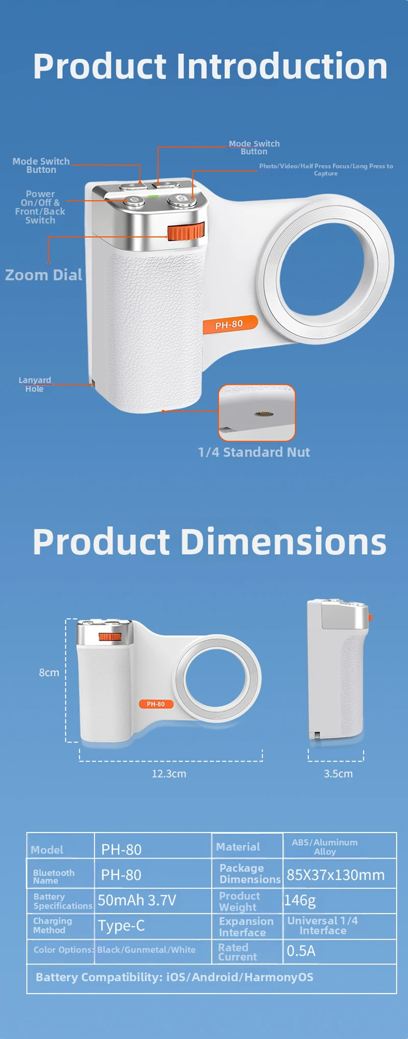 Magnetischer Bluetooth-Kameragriff mit Zoom, Auslöser, Aufhelllicht, Fernbedienung und tragbarer Handy-Stabilisator_voghion.com