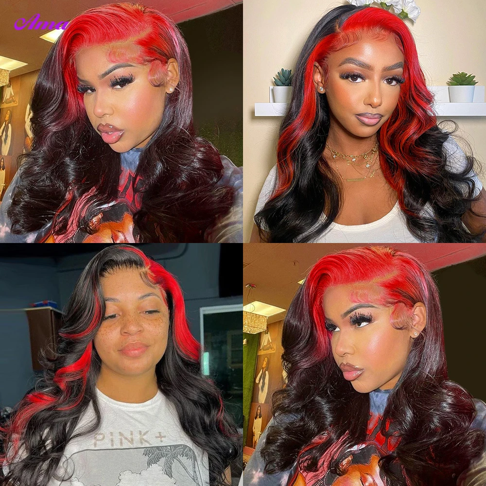 1B Red Highlight Wig Human Hair 180% Density Body Wave Lace Front Wig 13x4 Ombre Colored Lace Front Human Hair Wigs For Women
