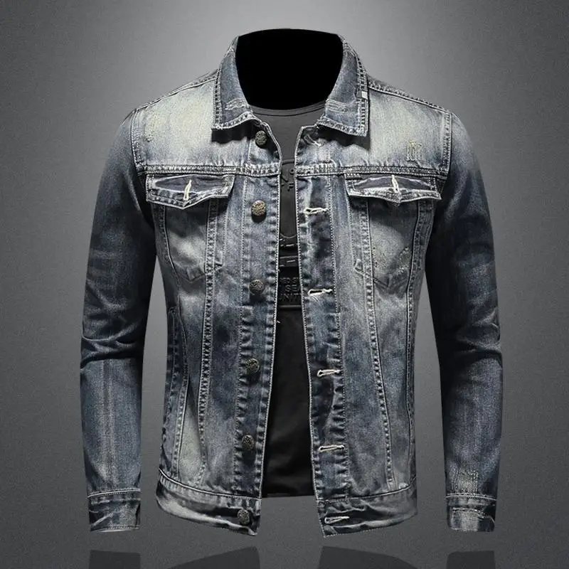 2024 New Men's Jacket Fashionable Casual Lapel Men's Denim Jacket Retro Trendy Slim-Fit Motorcycle Cycling Suit Men's Clothing