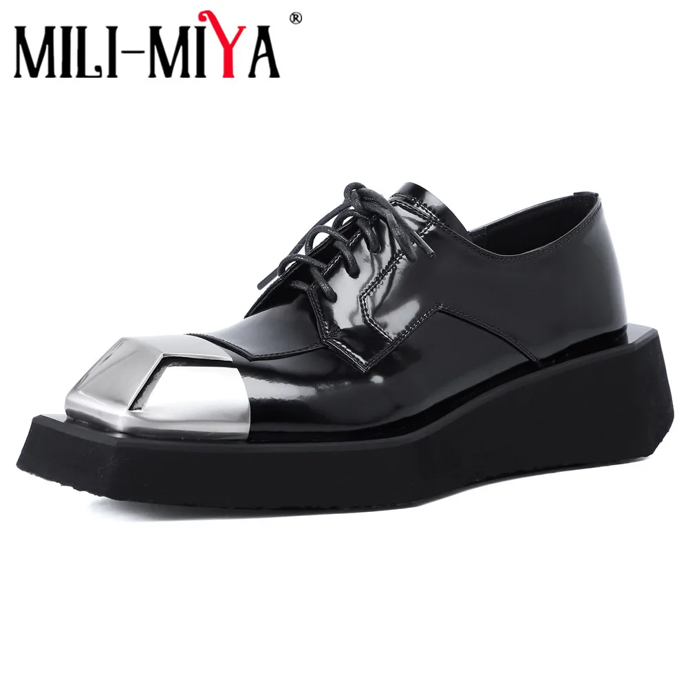 

Новое поступление, брендовые дизайнерские женские туфли MILI-MIYA из коровьей кожи, Классические повседневные уличные туфли на толстом каблуке со шнуровкой и квадратным носком разных цветов