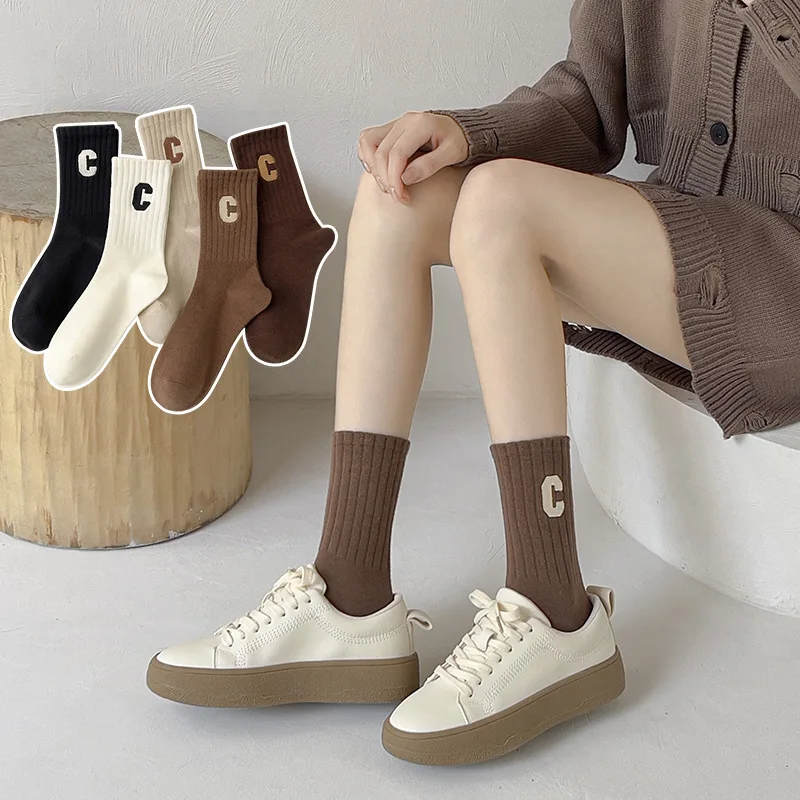 

5Pairs Coffee Series C Letter Embroidery Women Middle Tube Socks Soft Cotton Autumn Spring Outdoor Sports Socks Casual Cosy Sock