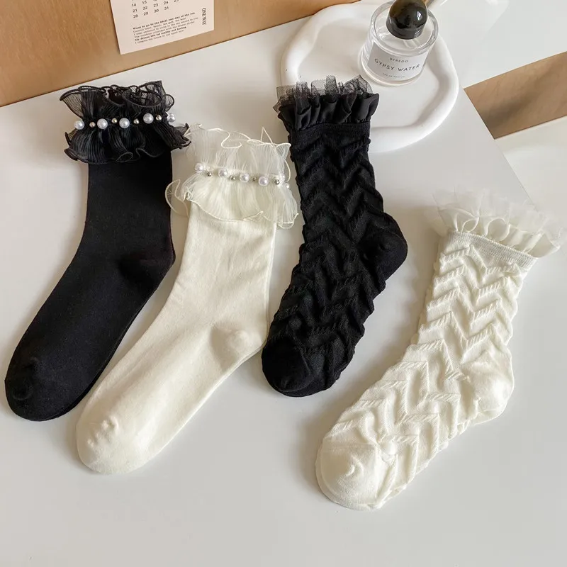 Wpmem's Sommer Frühling Baumwolle Französisch Süßer Stil JK Spitze Midtube Socken Organza Mode Holz Ohrflor Flor Socken Perlenstrümpfe – Detail 3