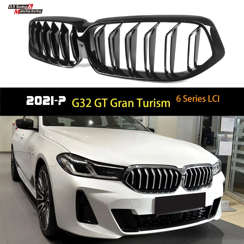 bug deflector G32 GT LCI Piano Black Front Bumper Kidney Hood Grille For BMW 6 Series Gran Turismo 2020+ Double Line Car Styling Racing Grills front fender car