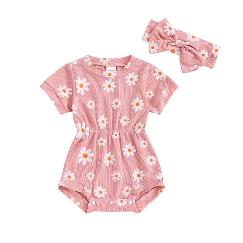 

Летние Комбинезоны для маленьких девочек, детский цветочный комбинезон с коротким рукавом и круглым вырезом и повязкой на голову