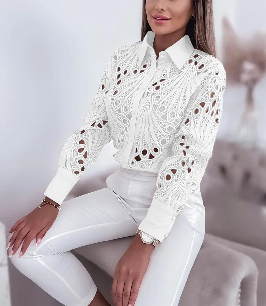 493488-21d338.jpg New Fashion Lace Hollow Long Sleeve Shirt For Women 2025 Spring Autumn Elegant Office Lady BlouseCasual Button ShirtsTops - Image 1