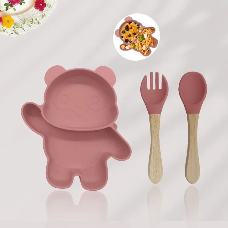 

New Cute Baby Silicone Cartoon Cat Plate Children's Home Divided Plate Fork Spoon Baby Food Bowl Set
