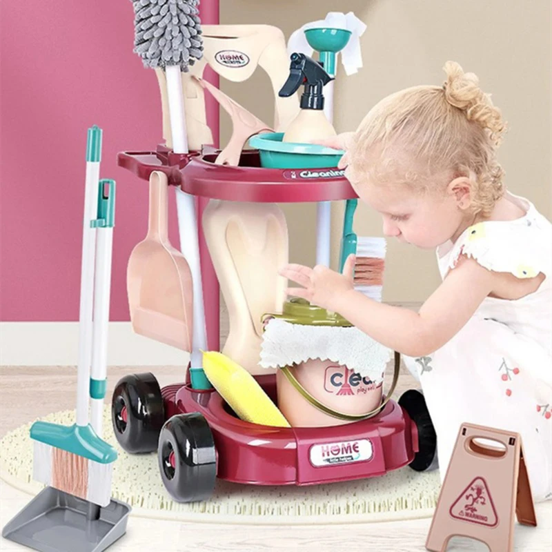 Kid Cleaning Toy Set Detachable Housekeeping Cart with Cleaning Tools Pretend Play Toys Gifts for Child Develop Hand-on Ability 3