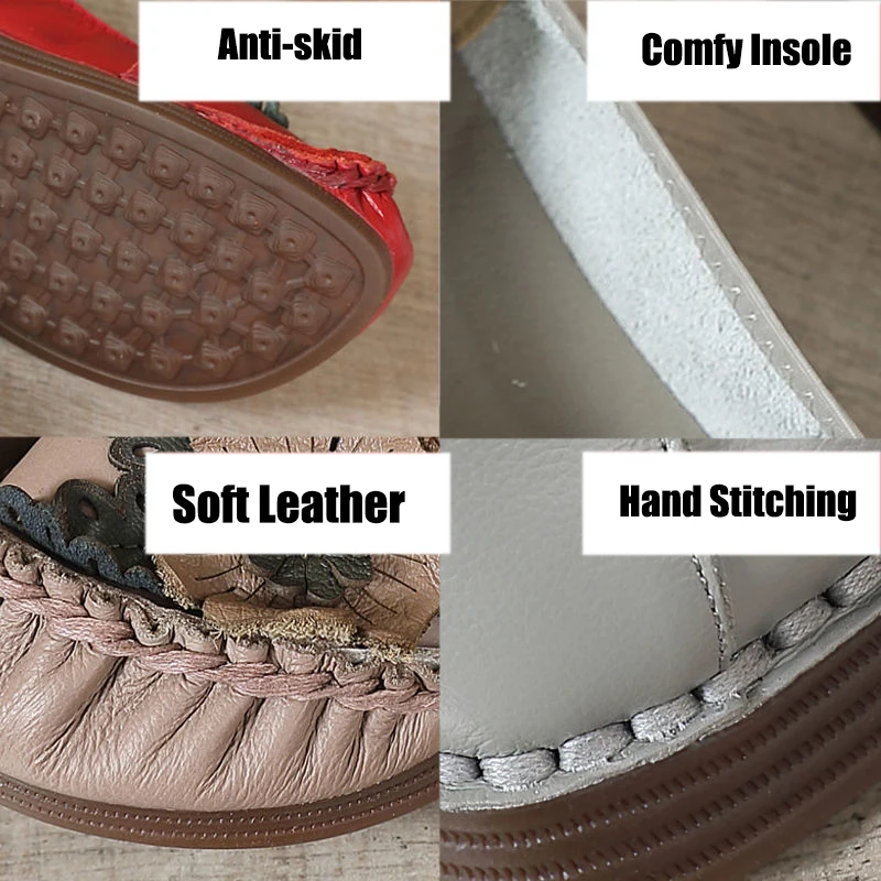 2024 Summer Flats Concise Handmade Leather Moccasins Women Shoes Ethnic Style Genuine Leather Flower Loafer Shoes For Mothers ﻿