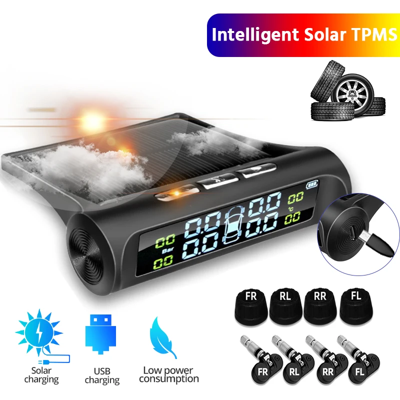 Car Tire Pressure Monitor Smart TPMS Car Tire Pressure Alarm Monitor System 4 Sensors Display Solar Intelligent Tyre Pressure Temperature Warning