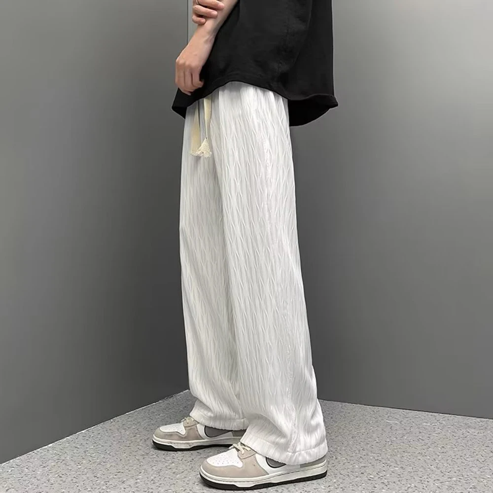 

Textured Casual Pants Men Summer Thin Sports Drape Neutral Straight Trousers Fashion Elastic Waist Pleated Design Wide-leg Pants