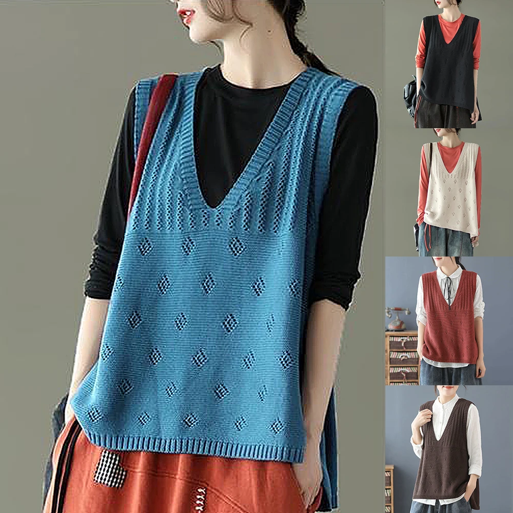 

Women Knitted Sweater Vest 2023 Spring Autumn Loose Vintage Sweater Sleeveless Girl V-Neck Pullover Tops Winter Female Outerwear