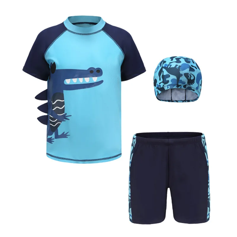 

Children's Swimwear Dinosaur Boys Swimwear 3Pcs Swim Suit ( T Shirt+ Trunk+Cap) Short Sleeve Sunscreen Quick Dry Boy Set